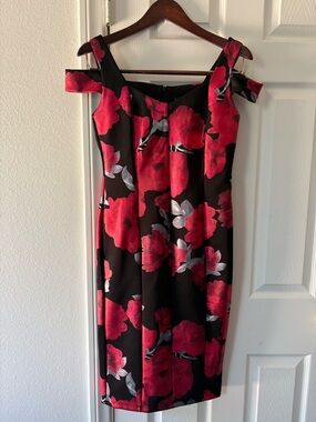 Enfocus Studio Black Sheath Dress with Bold Red Floral and Silver Accents
